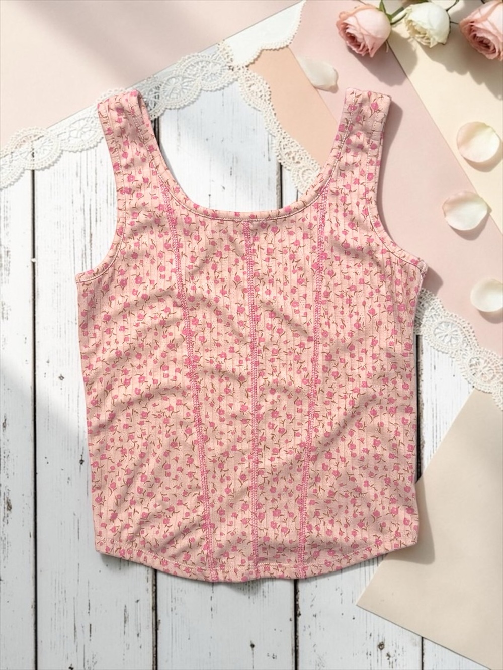 Art Class Floral Ribbed Tank – Pink Rose Print, Girls XL (14), EUC